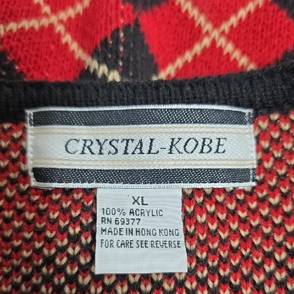 Crystal-Kobe Vintage Sz XL Red Black Argyle Gold Button Pockets Cardigan Sweater - Picture 3 of 13